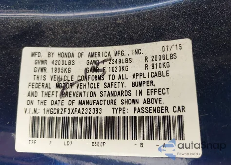 2015 Honda Accord Lx from USA, damaged, VIN 1HGCR2F3XFA232383